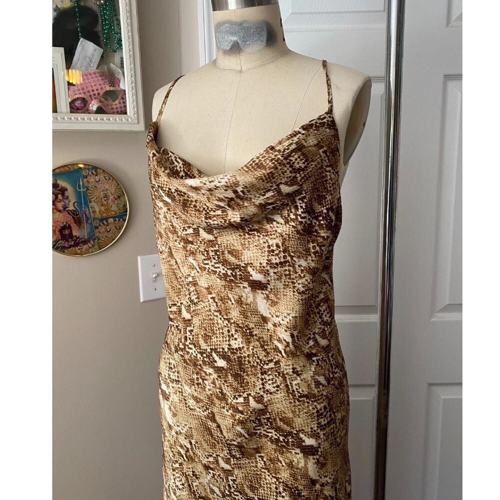 Forever 21 Snake Print Silky Cowl Neck Slinky Handkerchief Slip Dress *SMALL* - Picture 2 of 6